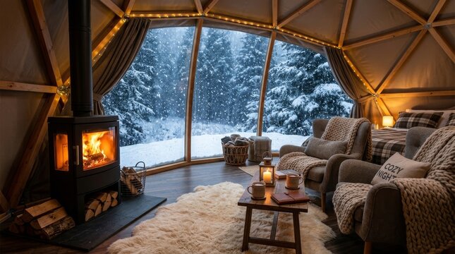 Relaxing in a cozy cabin living room beside a glowing stove as snow falls outside.