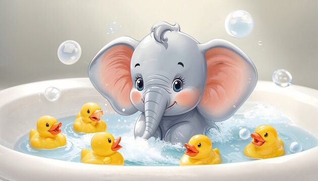 Cute baby elephant in a bathtub. Cartoon animal taking a bath with yellow rubber ducks.