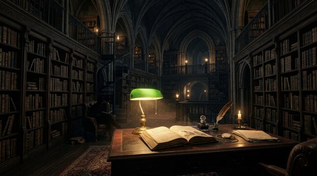 A quiet library study scene with an open book under a green desk lamp.