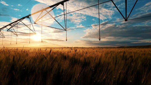 A center pivot irrigation system sprays water across a golden wheat field during a beautiful sunset, showcasing modern precision agriculture in action. The warm evening light, dramatic clouds.