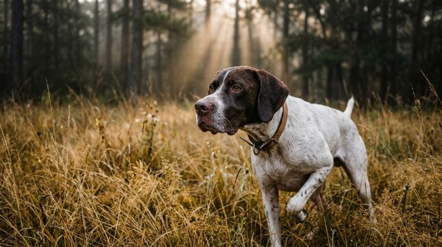 A dog with a brown and white coat walks through a dry grassy field.