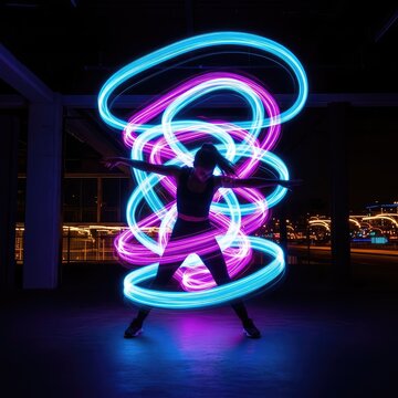 Intense neon lights flicker across a dark urban dance floor with dynamic motion blur, capturing the rhythmic energy of a high-power performance, colorful, tempo, dynamic