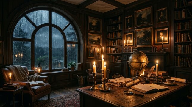 A cozy vintage study room glows with candlelight as rain hits the window.