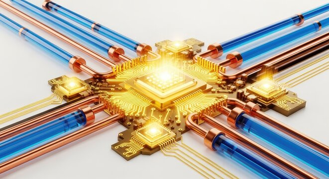 Radiant energy pulses through a complex network of golden circuits and cooling pipes, marking a significant leap in computing technology, digital, microchip, glow