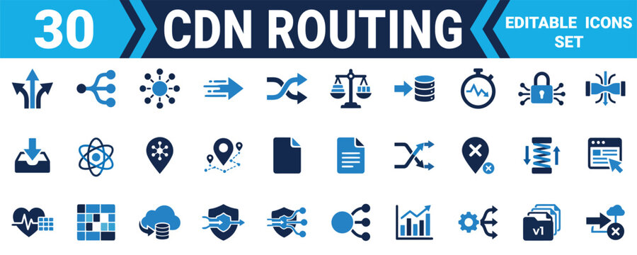 Set of thirty flat cdn routing and network technology icons for web development and digital projects Minimal solid fill icon set bundle collection. Editable Vector Illustration Mega pack