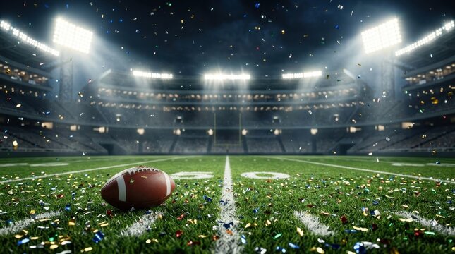 American football on stadium field with confetti