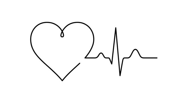 Minimalist continuous line art drawing of a human heart shape and an ekg pulse rhythm rhythmically beating on a clean white background