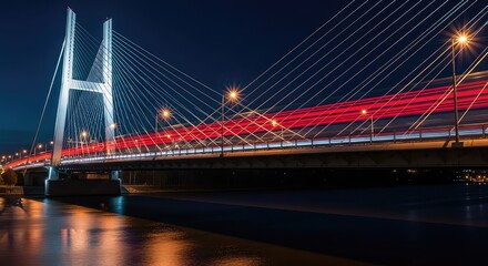 Obraz premium Vibrant light trails from moving traffic flow across a modern suspension bridge at night, with glowing cables reflecting on dark river water, roadway, streaks, neon