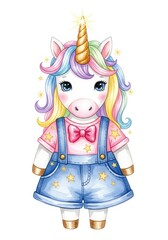 Fototapeta premium Whimsical watercolor illustration featuring a cute unicorn with a shiny gold horn, soft pastel mane, and sparkling stars on white background, stars, creative, painted