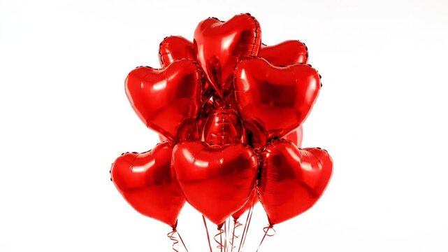 Bright red heart shaped balloons floating against a plain white background ideal for romantic celebrations or Valentine's Day