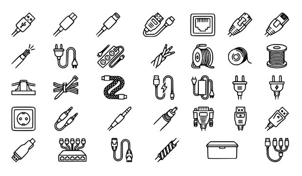 Editable Wire and Cable Line Icon Pack with USB Power Network and Electrical Connector Outline Elements