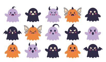 Fototapeta premium Cute cartoon ghost character sticker collection with various expressions and spooky styles halloween character creature horrific expression