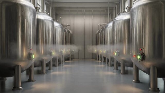 Industrial stainless steel fermentation tanks in a clean beverage production facility factory processing brewing