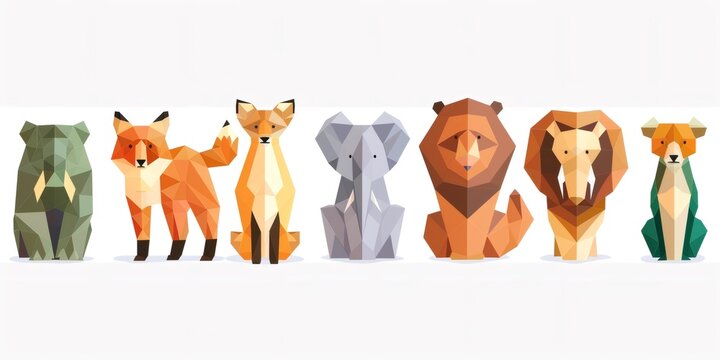 Geometric animals standing in row minimalist low poly style