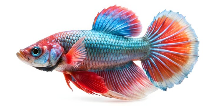 Vibrant blue and red betta fish swimming gracefully. Stunning Siamese fighting fish with flowing fins isolated on white.