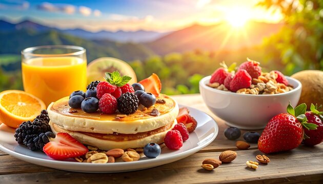 Delicious Healthy Breakfast with Pancakes, Fresh Berries, Orange Juice, and Granola in a Sunny Mountain Landscape