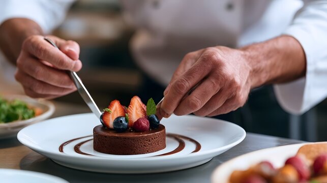 A chef carefully garnishes a chocolate dessert with fresh berries and mint on a white plate