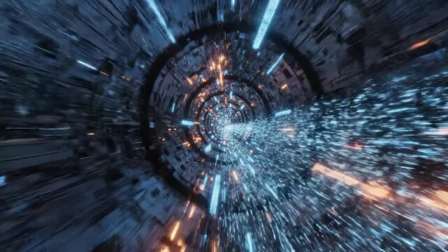 Sci-fi Tunnel Motion Blur: An abstract, futuristic tunnel with intense motion blur, featuring glowing blue and orange lights, suggesting high-speed travel through a digital or cosmic wormhole.