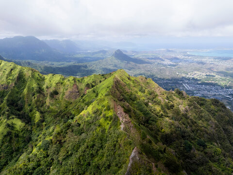 Aerial panorama of the Kuliouou Ridge stretching toward Honolulu, Oahu