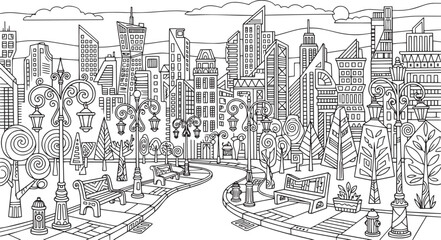 Obraz premium City landscape. Line urban backdrop, different buildings on street, doodle street draw, outline cityscape hand sketch, flat houses. Hand drawn vector illustration