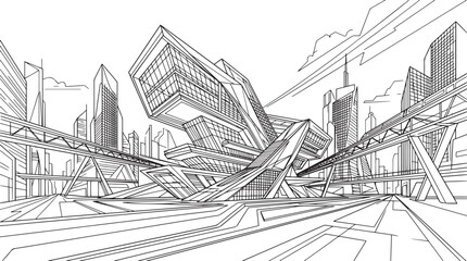 Fototapeta premium City landscape. Line urban backdrop, different buildings on street, doodle street draw, outline cityscape hand sketch, flat houses. Hand drawn vector illustration