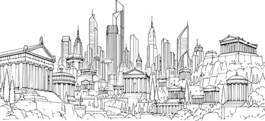 Fototapeta premium City landscape. Line urban backdrop, different buildings on street, doodle street draw, outline cityscape hand sketch, flat houses. Hand drawn vector illustration