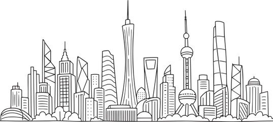 Obraz premium City landscape. Line urban backdrop, different buildings on street, doodle street draw, outline cityscape hand sketch, flat houses. Hand drawn vector illustration