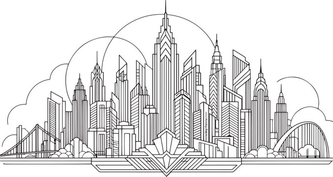 City landscape. Line urban backdrop, different buildings on street, doodle street draw, outline cityscape hand sketch, flat houses. Hand drawn vector illustration