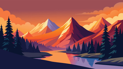 Mountain valley with river and pine forest during sunset with vibrant sky vector illustration © CreativeKamrul