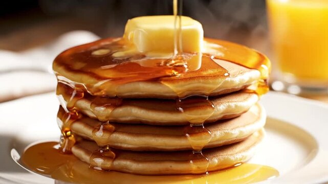 Macro shot of thick golden syrup pouring over a stack of fluffy buttermilk pancakes topped with melting butter, liquid dripping down the edges of the stack on a plate.