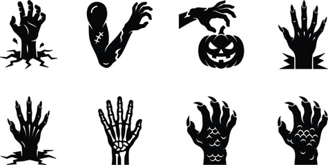 Obraz premium Halloween Zombie Hand and Monster Claw Silhouette Icon Set Featuring Creepy Horror Elements and Spooky Symbols