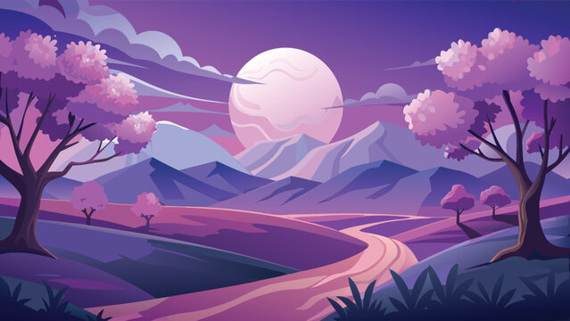 Serene landscape with winding path under a glowing moon and purple trees