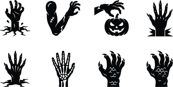 Halloween Zombie Hand and Monster Claw Silhouette Icon Set Featuring Creepy Horror Elements and Spooky Symbols