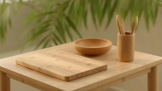 Sustainable kitchen utensils made from bamboo wood on a clean wooden surface eco board bowl spoon cooking