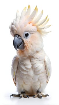 Baby cockatoo bird with fluffy white feathers and yellow crest. Adorable young parrot isolated on bright studio background for pet or wildlife design.