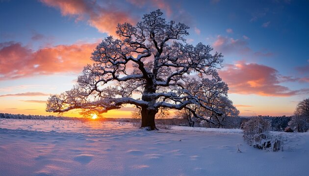 Winter Landscape With Snow Covered Old Oak Tree At Colorful Sunset Warm Hues Over Snowy Forest Ideal For Background Design And Travel Blogs