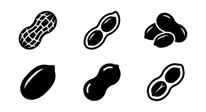 Peanut Icons Set, Vector Graphics of Nuts, Food Symbols, Healthy Snack Illustrations