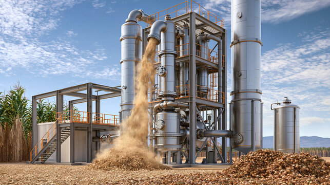 Biomass processing plant pouring grain under a clear sky. Ideal for renewable energy and industrial agricultural marketing.