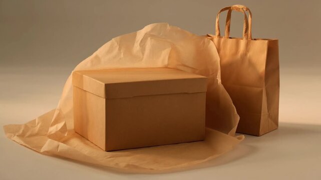 Gift box wrapped in kraft brown paper beside a recycled paper shopping bag packaging delivery shipping parcel package