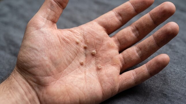 Human Hand Palm With Multiple Warts Visible Skin Condition Close-up