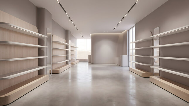Minimalist empty retail showroom interior with soft lighting and display shelves