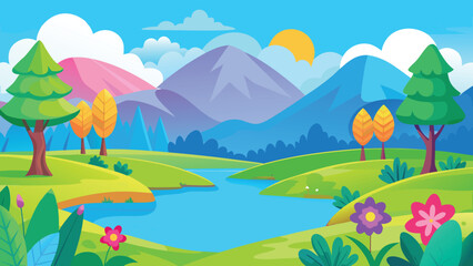 Obraz premium Vibrant landscape vector illustration with rolling hills river mountains and sun during daytime
