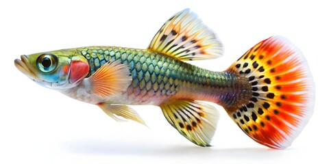 Fototapeta premium Vibrant multicolor guppy fish swimming gracefully. Exotic freshwater tropical aquarium pet with bright orange, blue, and green scales.