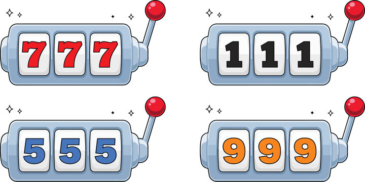 Slot Machine Icon Collection with 777, 111, 555 and 999 Lucky Jackpot Symbols for Casino Games, Winning Results and Gambling Entertainment Vector