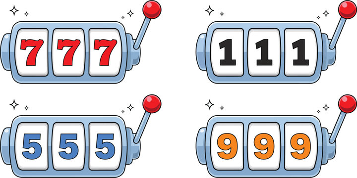 Slot Machine Icon Collection with 777, 111, 555 and 999 Lucky Jackpot Symbols for Casino Games, Winning Results and Gambling Entertainment Vector
