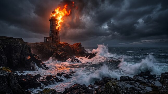 Burning lighthouse on a rocky coastline during a violent ocean storm, dramatic dark clouds, blazing fire, crashing waves, devastation and disaster scene.