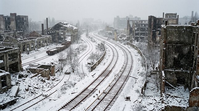 Snowy war-torn city ruins with destroyed buildings and curved railway tracks, bleak winter conflict zone, post-apocalyptic industrial devastation.