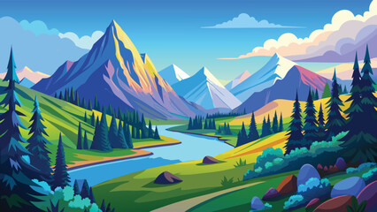 Vibrant mountain valley river landscape during sunny day vector illustration © CreativeKamrul