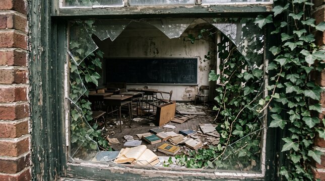 Abandoned school classroom with broken glass window overgrown with green ivy, scattered books, ruined desks, and vintage chalkboard showing decay and devastation.