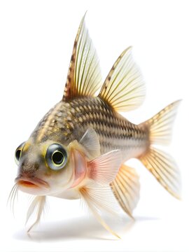 Freshwater aquarium fish swimming in clear water. Small tropical corydoras catfish isolated on bright white background.